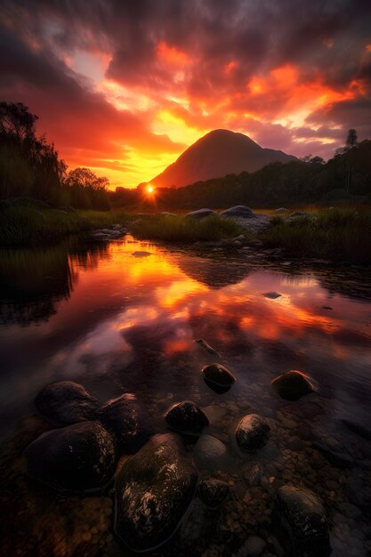 Una puesta de sol sobre un río con montañas al fondo