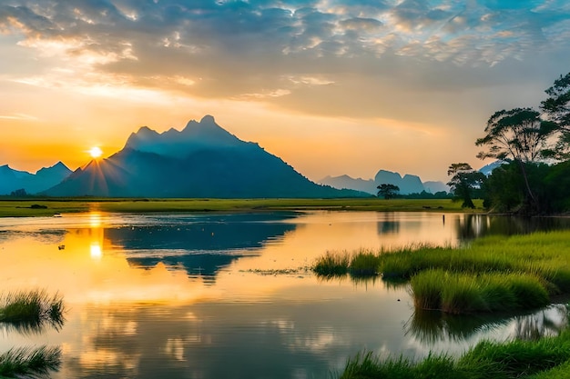 Una puesta de sol sobre un río con montañas al fondo