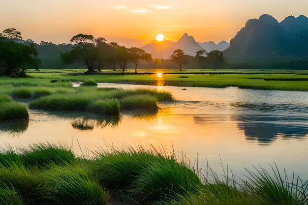 Foto puesta de sol sobre un río con montañas al fondo