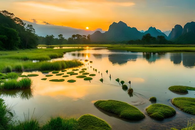 Puesta de sol sobre un río con montañas al fondo