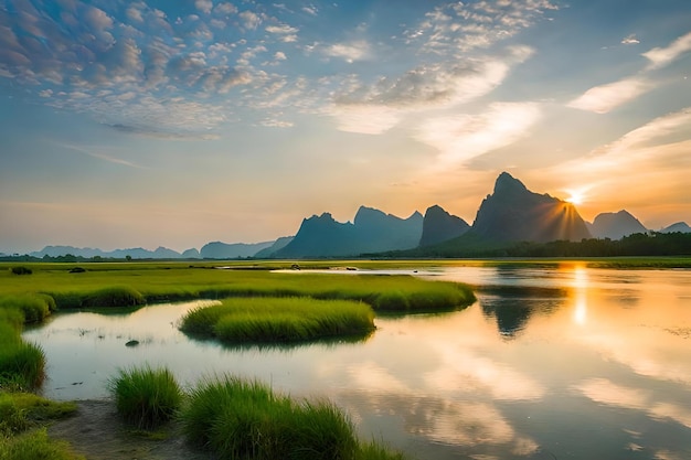 La puesta de sol sobre el río con las montañas en el fondo