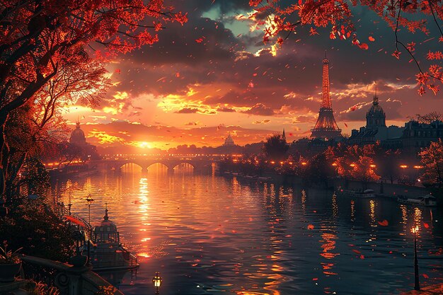 Foto una puesta de sol sobre un río con un puente y un puente