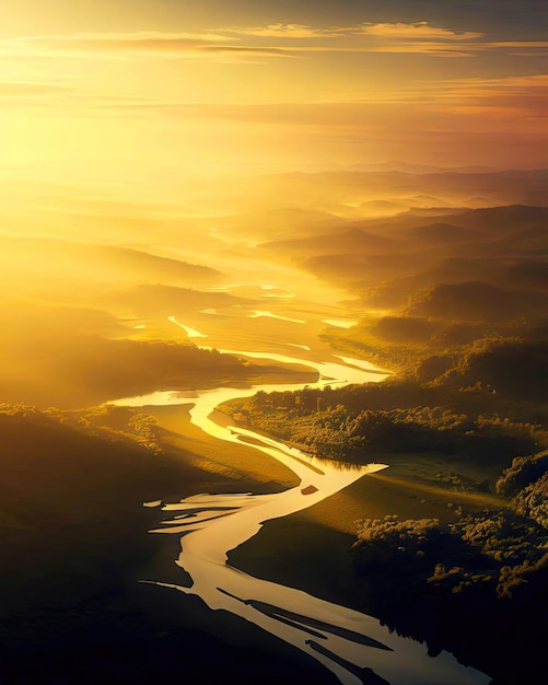 Una puesta de sol sobre un río con un río que lo atraviesa.