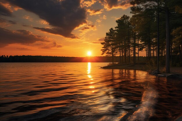 La puesta de sol sobre un sereno lago del bosque