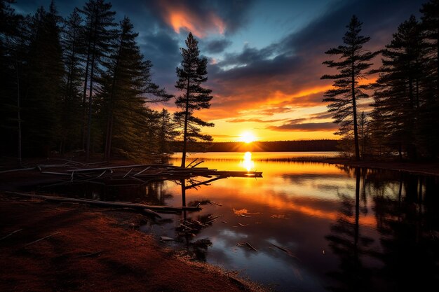 La puesta de sol sobre un sereno lago del bosque