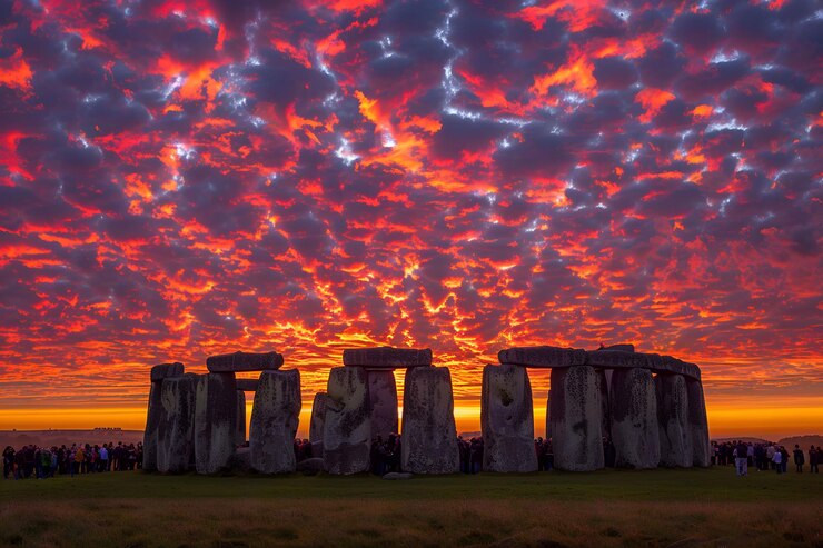 La puesta de sol sobre Stonehenge con una multitud