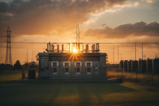 Foto la puesta de sol sobre una subestación eléctrica