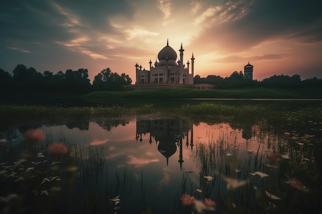 Una puesta de sol sobre un taj mahal con un reflejo en el agua