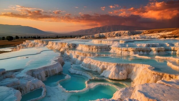 Foto la puesta de sol sobre las terrazas de travertino