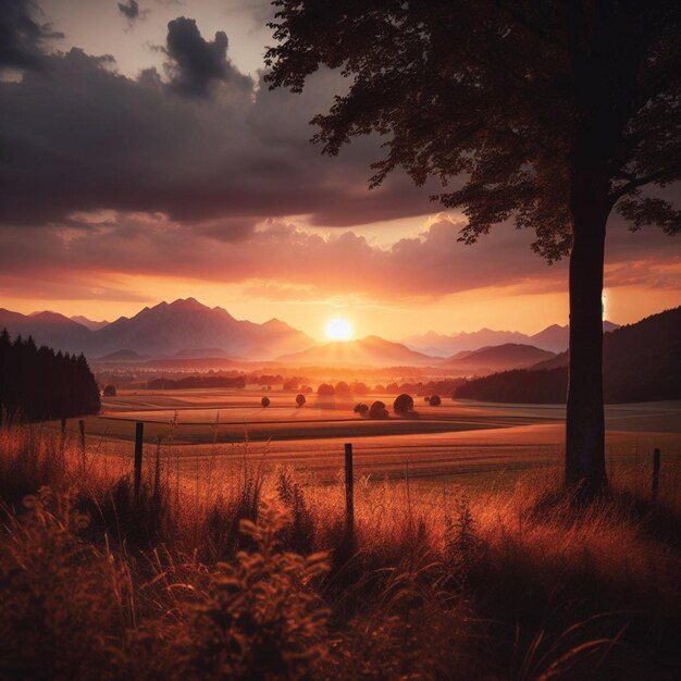 Foto la puesta de sol sobre la tierra de hierba con árboles y montañas en el fondo