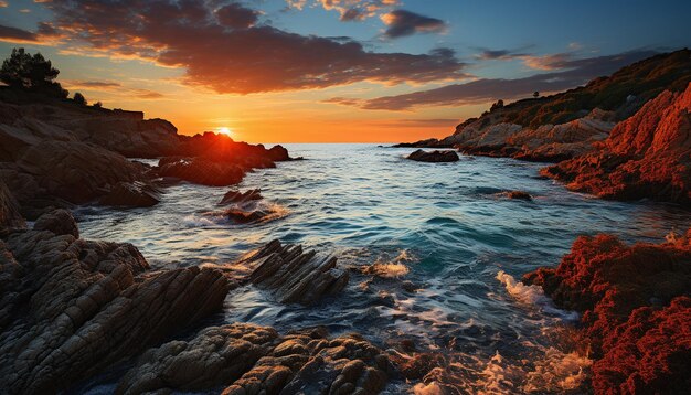 Foto la puesta de sol sobre la tranquila costa refleja la belleza natural generada por la ia