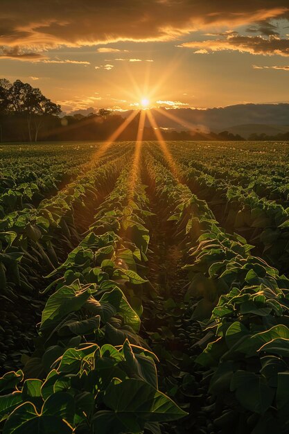 La puesta de sol sobre un verde campo de soja Agricultura y agricultura Fotografía de paisajes Belleza rural