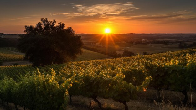 Una puesta de sol sobre un viñedo con algunos árboles en primer plano