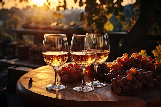 La puesta de sol sobre el viñedo cuando las uvas rojas están maduras y una botella de vino con dos vasos vertidos y un bocadillo ligero están en una caja de madera AI generativa