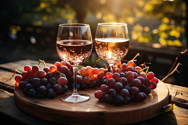 La puesta de sol sobre el viñedo cuando las uvas rojas están maduras y una botella de vino con dos vasos vertidos y un bocadillo ligero están en una caja de madera AI generativa