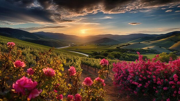 puesta de sol sobre un viñedo con flores y una vista del valle