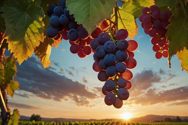 La puesta de sol sobre el viñedo con uvas