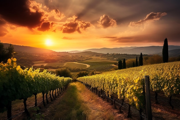 Puesta de sol sobre viñedos en Toscana IA generativa