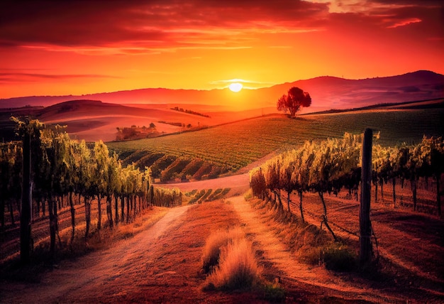 Puesta de sol sobre viñedos en Toscana IA generativa