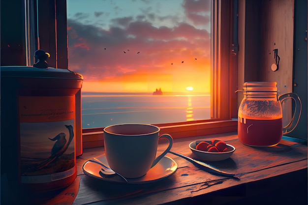 Una puesta de sol con una taza de café en el alféizar de la ventana