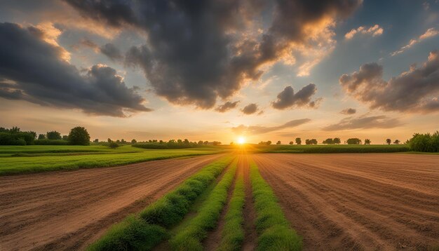 Puesta de sol en tierras cultivadas en el campo en una noche de verano con fondo de cielo nublado