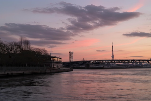 La puesta de sol en Tokio, Japón, sobre el horizonte de Sumida