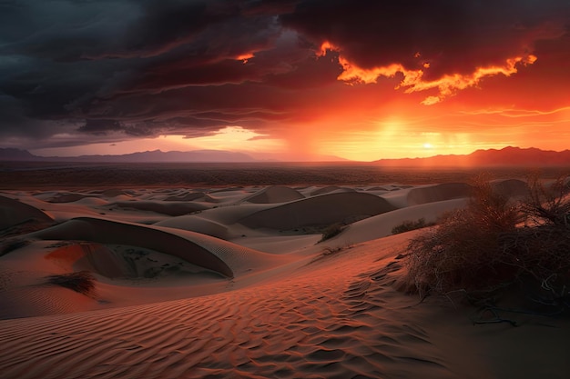 Puesta de sol tormentosa sobre el desierto con tonos naranjas y rojos que se reflejan en la arena