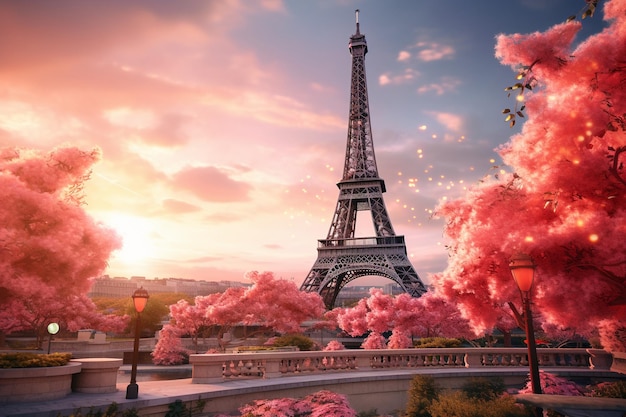 puesta de sol en la Torre Eiffel en el estilo de marrón claro y rosa gifs animados florales espectaculares