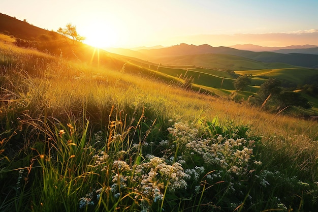 Foto puesta de sol en la toscana italia paisaje con verdes colinas y prados