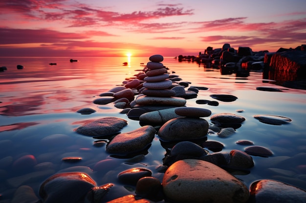 Puesta de sol tranquila con piedras zen descansando pacíficamente en aguas resplandecientes