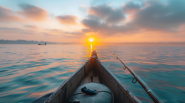 La puesta de sol en el tranquilo lago desde la perspectiva del barco de los pescadores