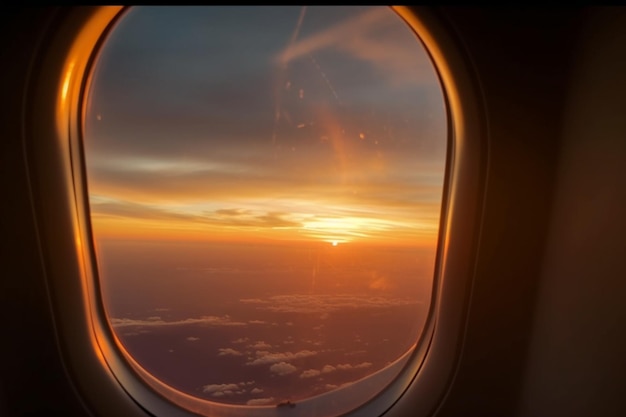 Puesta de sol a través de la ventana de un avión