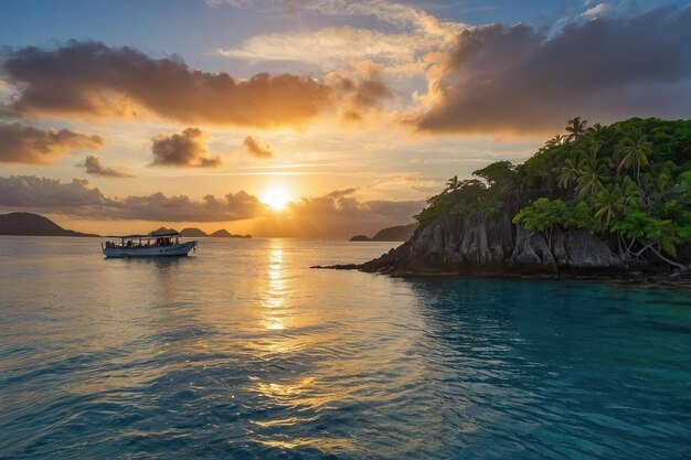 La puesta de sol tropical con las aves marinas en vuelo