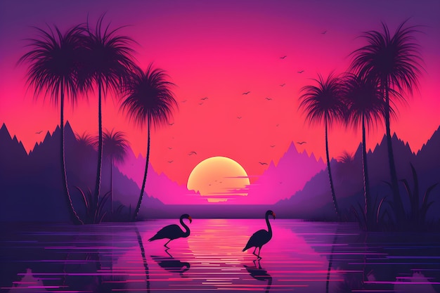 Una puesta de sol tropical con dos flamencos en el agua.