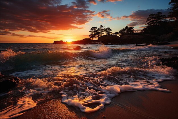 Puesta de sol tropical y olas sobre un fondo de playa de arena