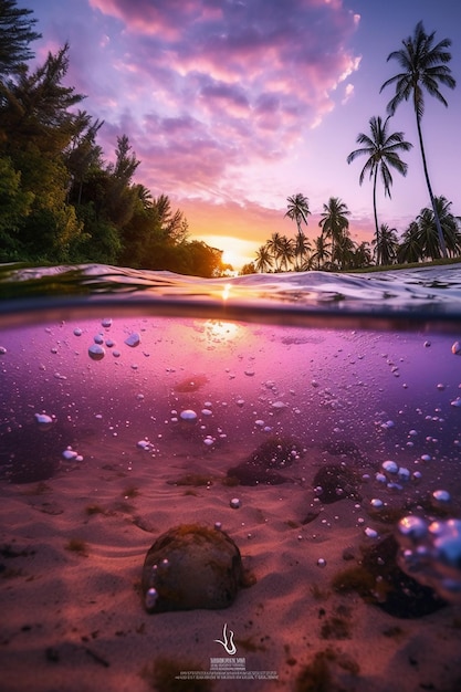 Una puesta de sol tropical con palmeras y un cielo morado.