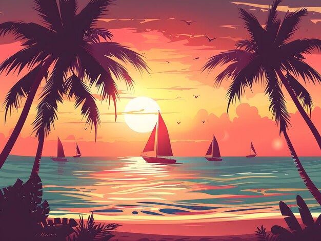 Puesta de sol tropical con palmeras y mar Ilustración vectorial