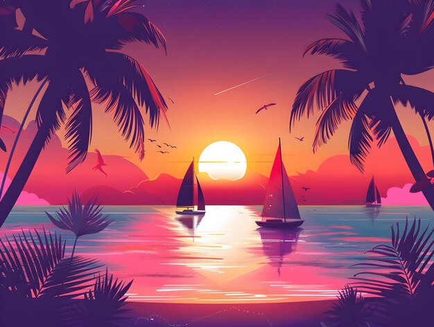 Puesta de sol tropical con palmeras y mar Ilustración vectorial