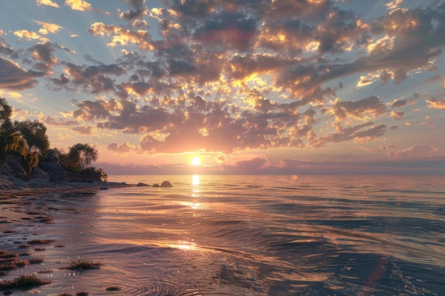 La puesta de sol tropical en la playa con olas suaves y exuberante vegetación