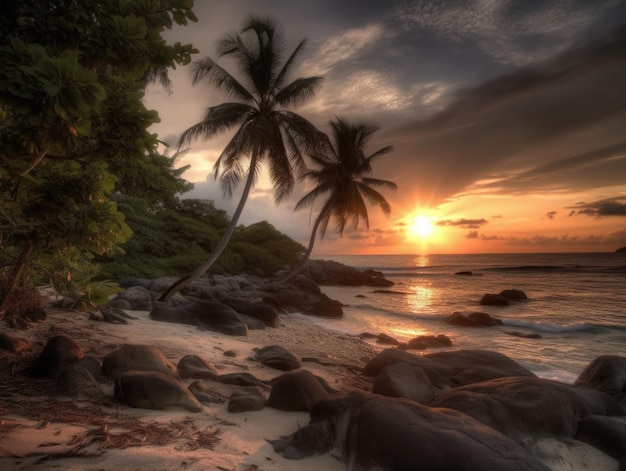 La puesta de sol en los trópicos Las palmeras y el mar