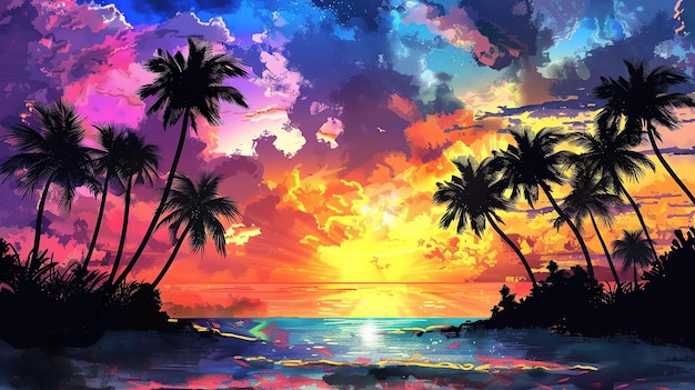 Una puesta de sol vibrante y colorida sobre el océano Los colores cálidos del cielo y las palmeras crean una atmósfera relajante y pacífica