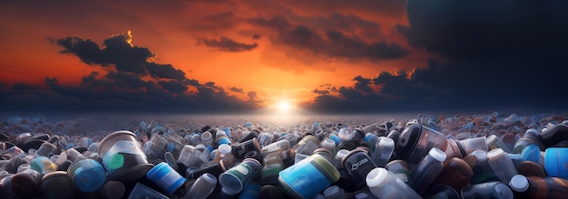 Una puesta de sol vibrante ilumina un mar interminable de basura descartada que ilustra la contaminación.
