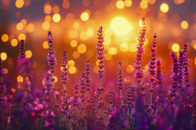 Una puesta de sol vibrante iluminando un campo de lavanda con las flores tomando el sol en la suave luz de la tarde