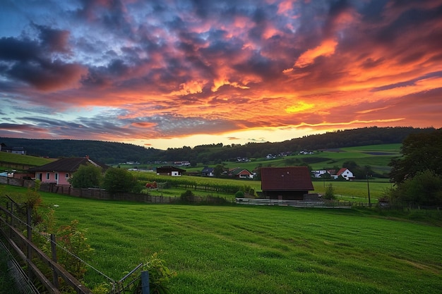 una puesta de sol vívida en los suburbios con un enfoque en un paddock de caballos AI generativo