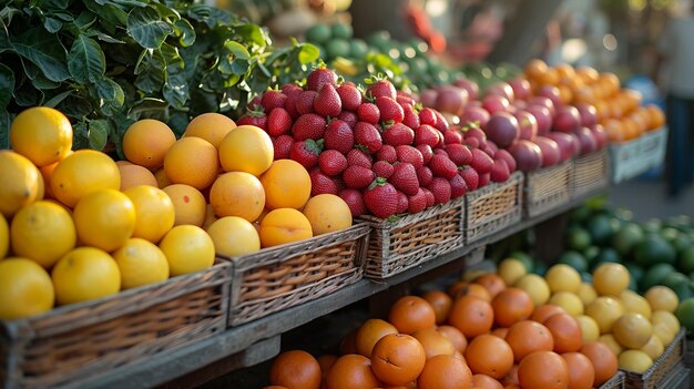 El puesto de los agricultores en el mercado con productos frescos