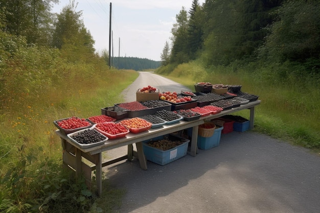 Un puesto en la carretera que vende bayas y frutas recién recogidas creadas con IA generativa