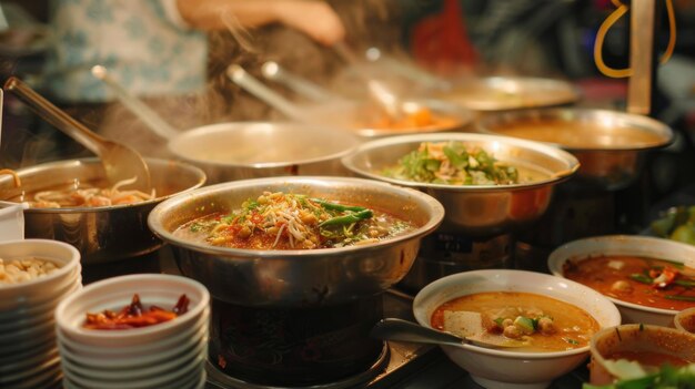 Un puesto de comida tradicional tailandesa que sirve cuencos de sopa de tom yum goong caliente al vapor a los clientes hambrientos con condimentos al lado