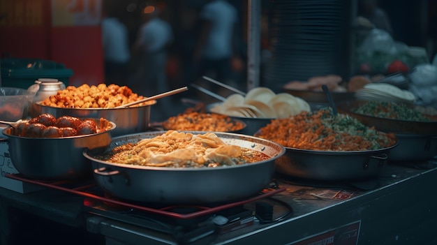 Un puesto de comida con una variedad de comida en él