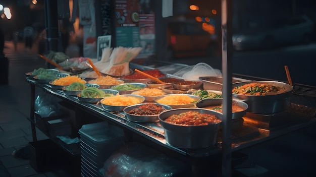 Un puesto de comida con una variedad de platos que incluyen una variedad de alimentos.