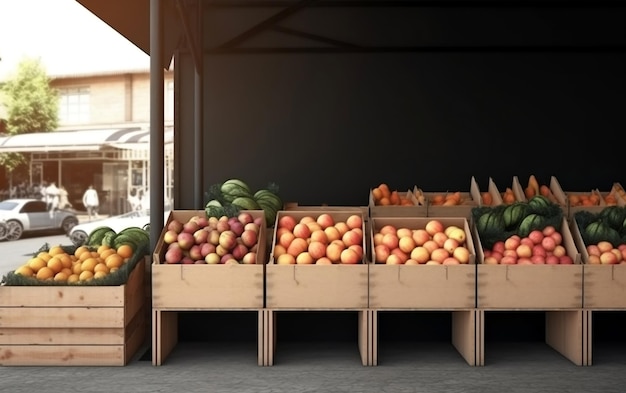 Un puesto de frutas con una caja de frutas